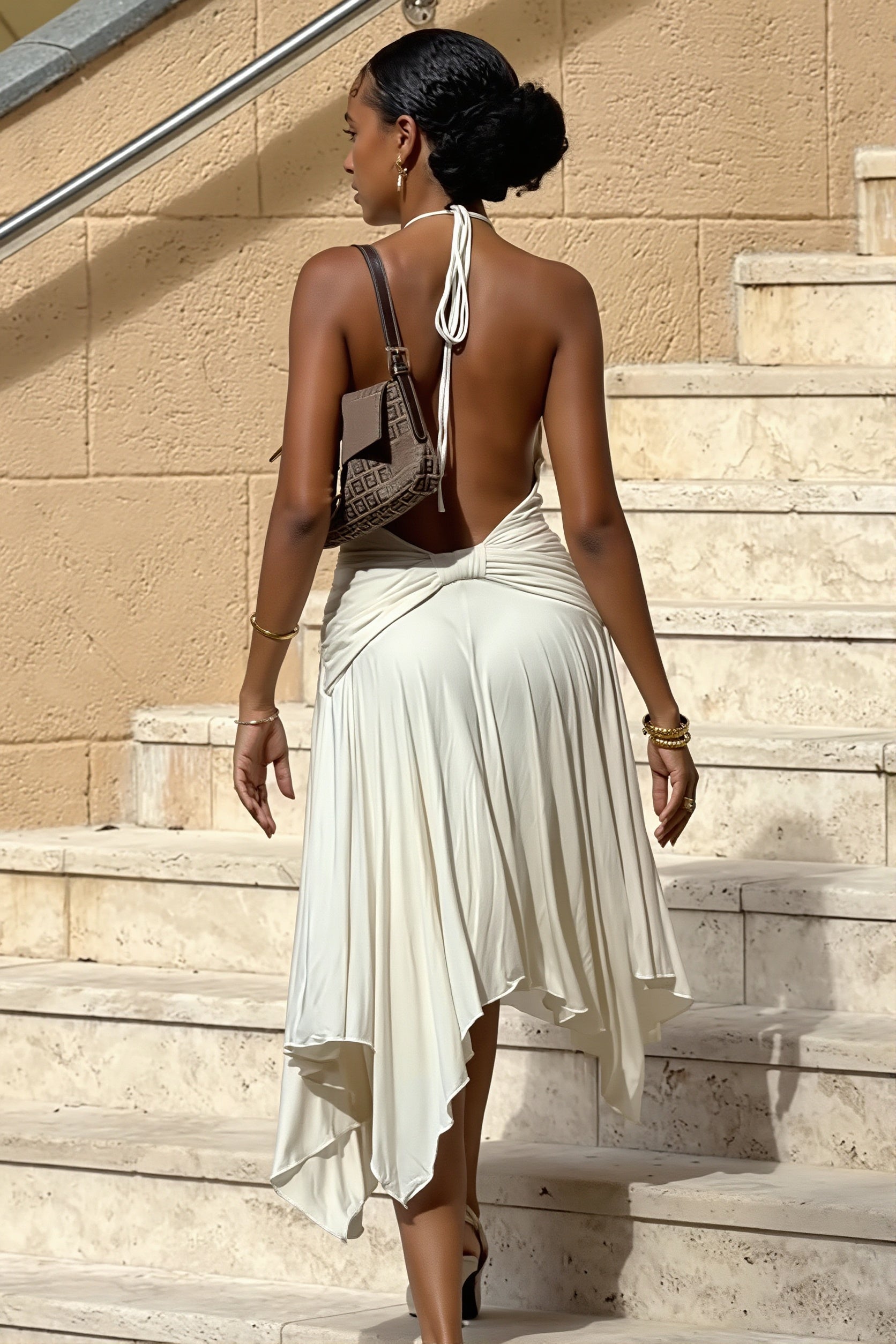 Women's Halter A-Line Maxi Dress - Asymmetrical Flare & Low Waist
