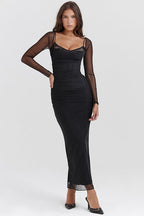Women's Mesh Long Sleeve Maxi Dress - Sheath Fit & Lace Patchwork