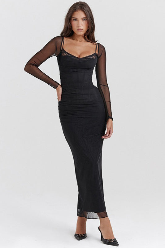 Women's Mesh Long Sleeve Maxi Dress - Sheath Fit & Lace Patchwork