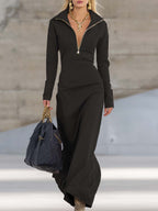 Women's V-Neck Long Sleeve Fall Dress – Front Zipper