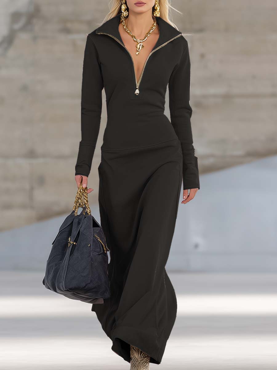 Women's V-Neck Long Sleeve Fall Dress – Front Zipper