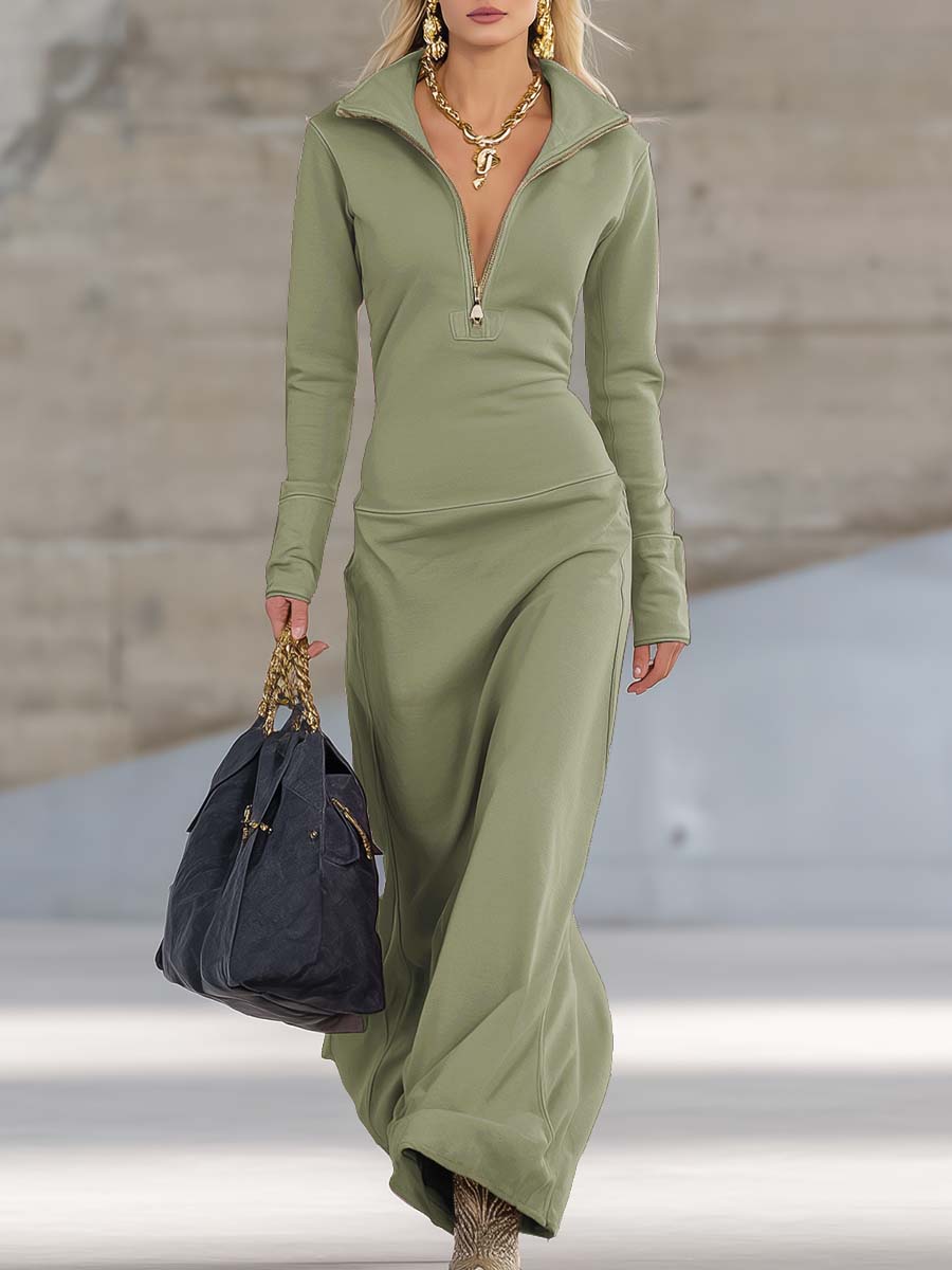 Women's V-Neck Long Sleeve Fall Dress – Front Zipper