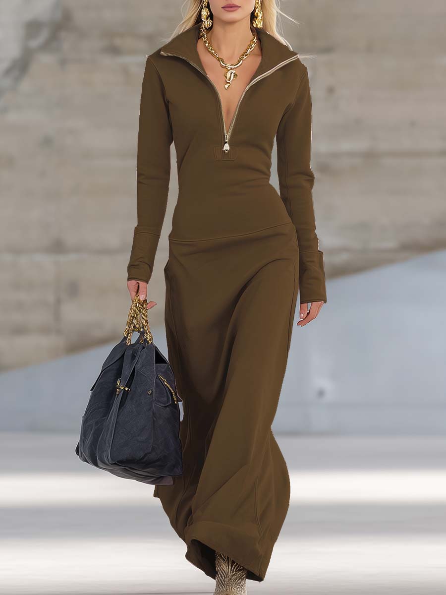 Women's V-Neck Long Sleeve Fall Dress – Front Zipper