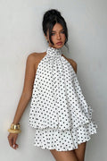 Women's Polka Dot Halter Mini Dress - Backless Lace-Up Flared