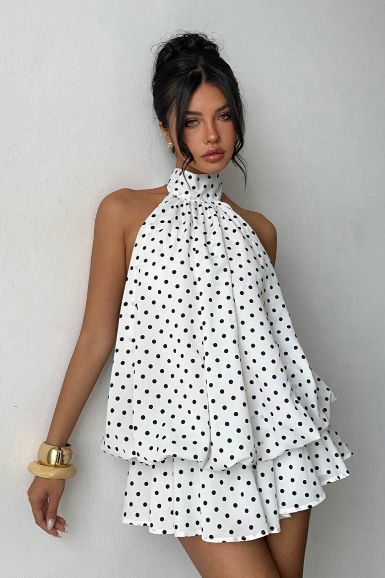 Women's Polka Dot Halter Mini Dress - Backless Lace-Up Flared