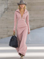 Women's V-Neck Long Sleeve Fall Dress – Front Zipper