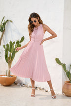 Women's Pleated Halter Neck Dress - Sleeveless Flowing Silhouette