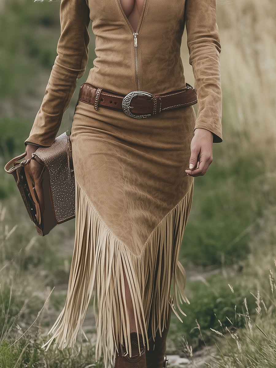 Women's Suede Long Sleeve Midi Fall Dress – Lapel Zipper