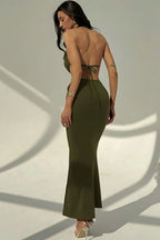 Women's Deep V-Neck Maxi Dress - Backless Bodycon & Metal Detail