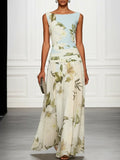 Fresh Sleeveless Party Maxi Dress with Boat Neckline & Print