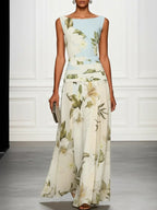 Fresh Sleeveless Party Maxi Dress with Boat Neckline & Print
