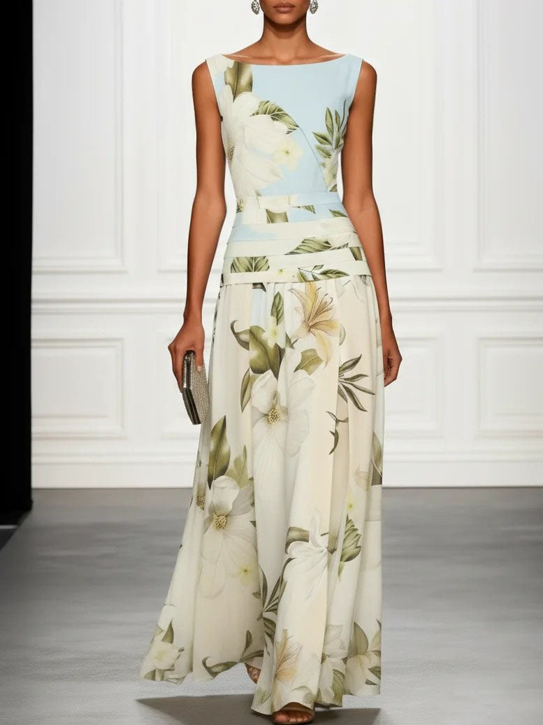 Fresh Sleeveless Party Maxi Dress with Boat Neckline & Print
