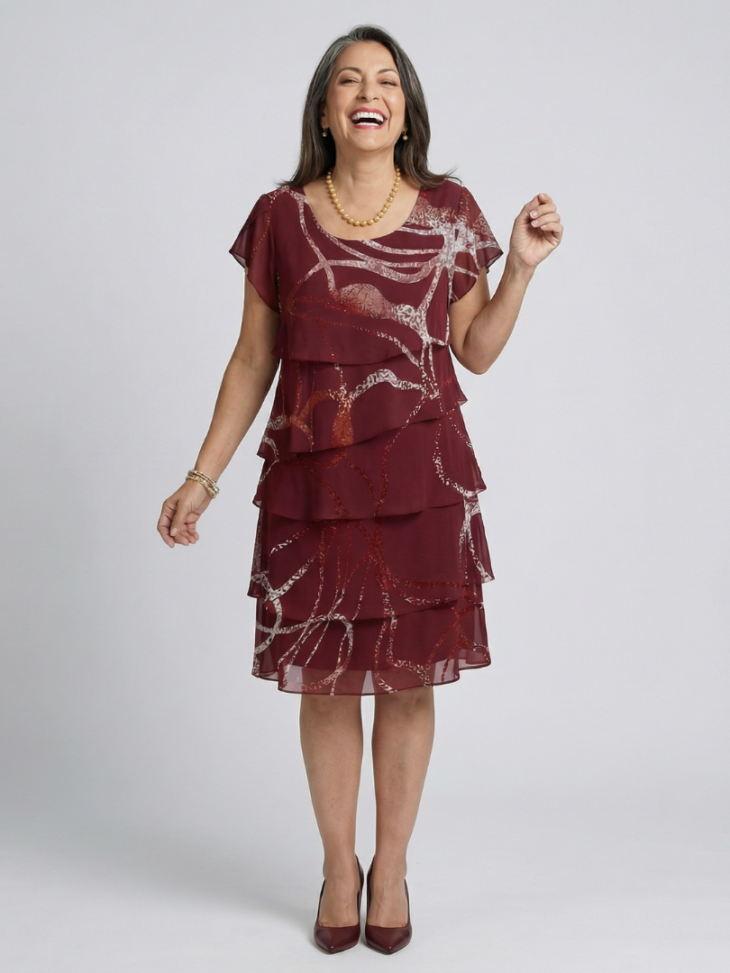 Women's Graceful Abstract Tiered Knee Dress - Relaxed Everyday Style