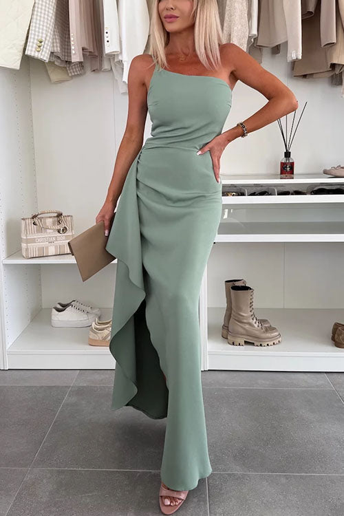 Women's One Shoulder Maxi Dress - Draped Slit Cami Evening Style
