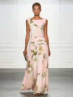 Fresh Sleeveless Party Maxi Dress with Boat Neckline & Print