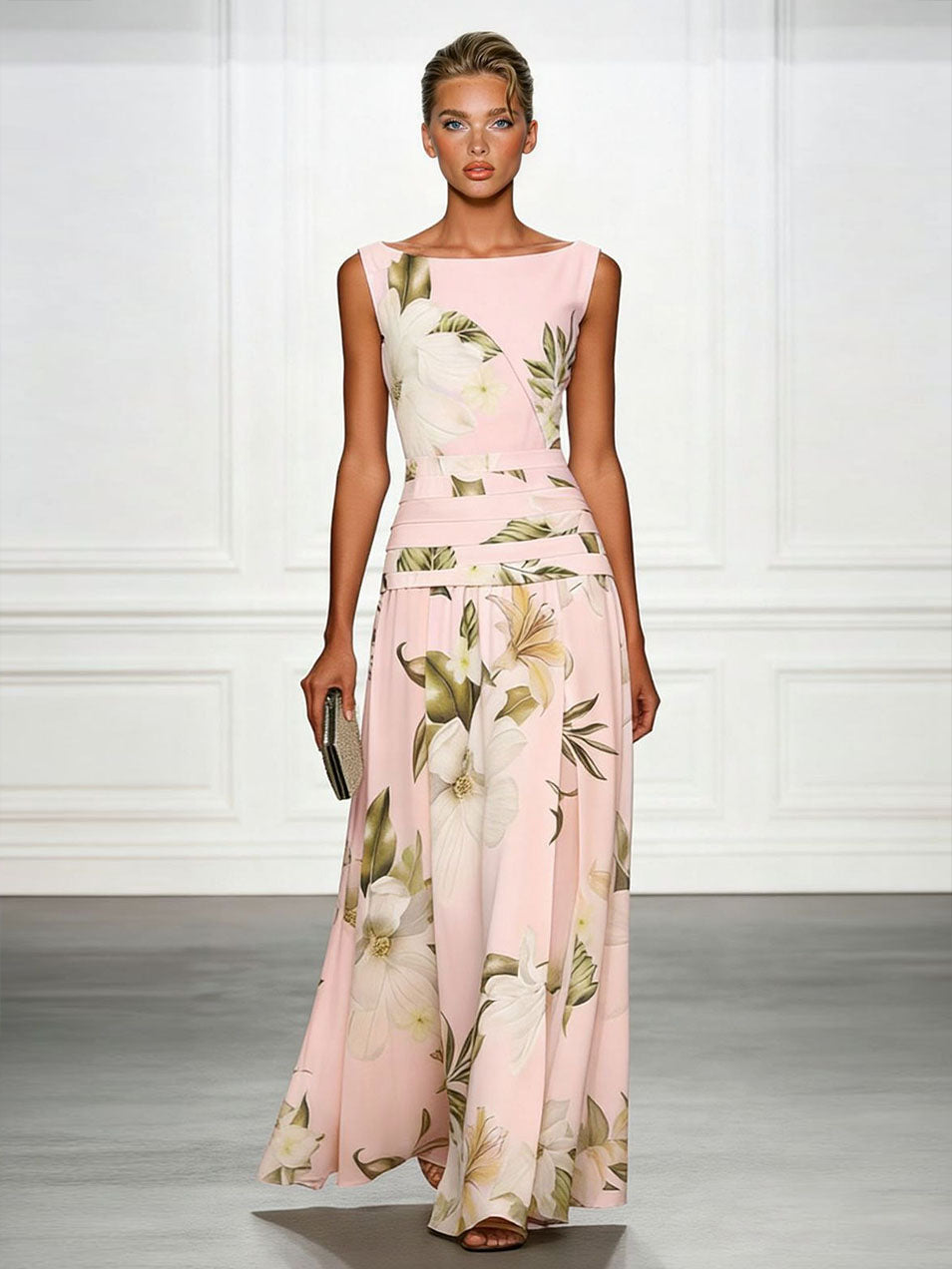 Fresh Sleeveless Party Maxi Dress with Boat Neckline & Print