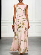 Fresh Sleeveless Party Maxi Dress with Boat Neckline & Print