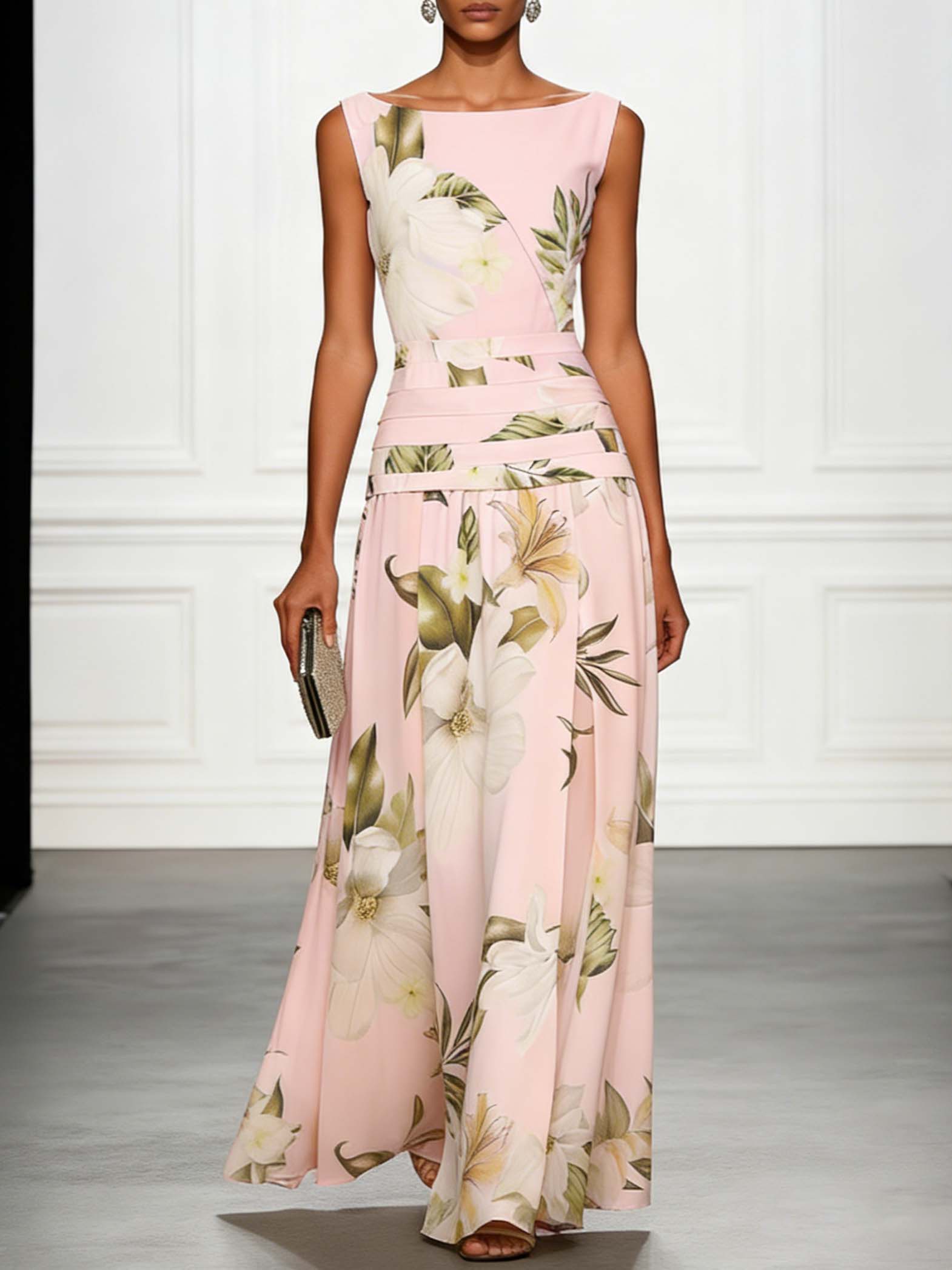 Fresh Sleeveless Party Maxi Dress with Boat Neckline & Print