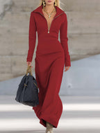 Women's V-Neck Long Sleeve Fall Dress – Front Zipper
