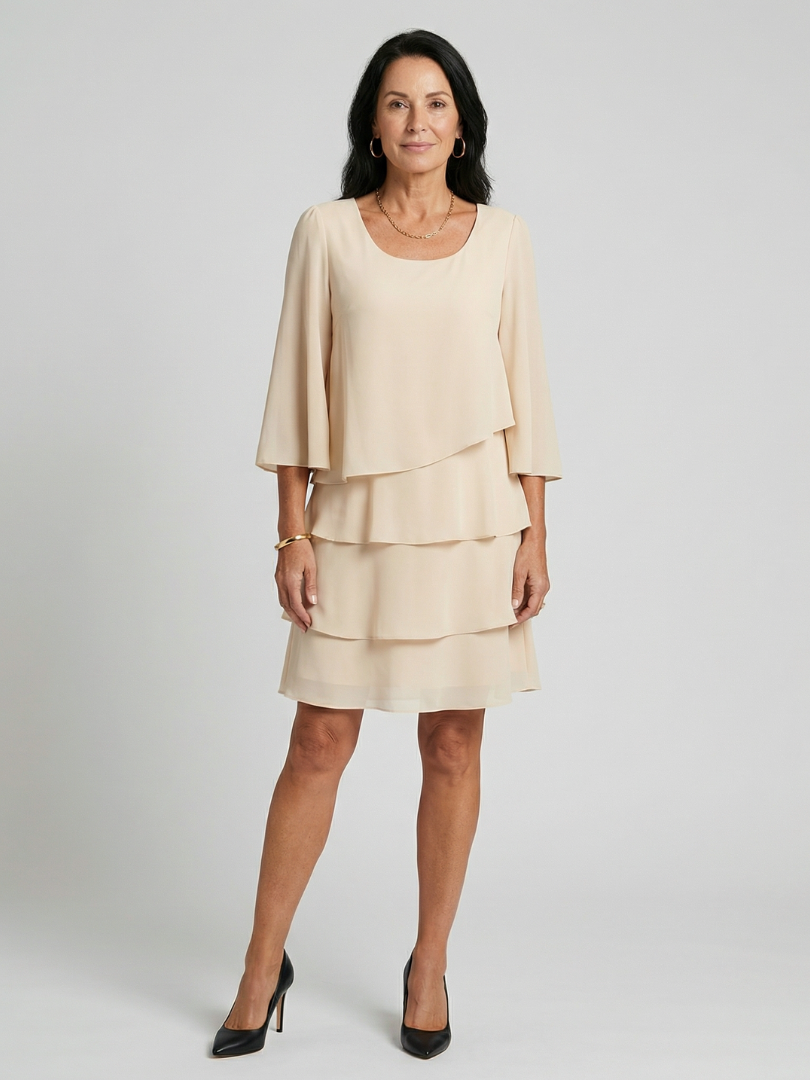 Women's Layered Flare Sleeve Knee Dress - Soft Flowing Fit