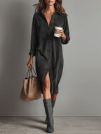 Women's Corduroy Long Sleeve Midi Fall Dress – Chest Pockets