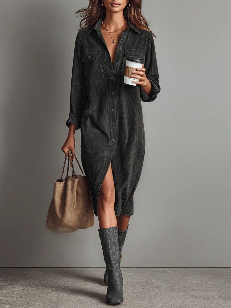 Women's Corduroy Long Sleeve Midi Fall Dress – Chest Pockets