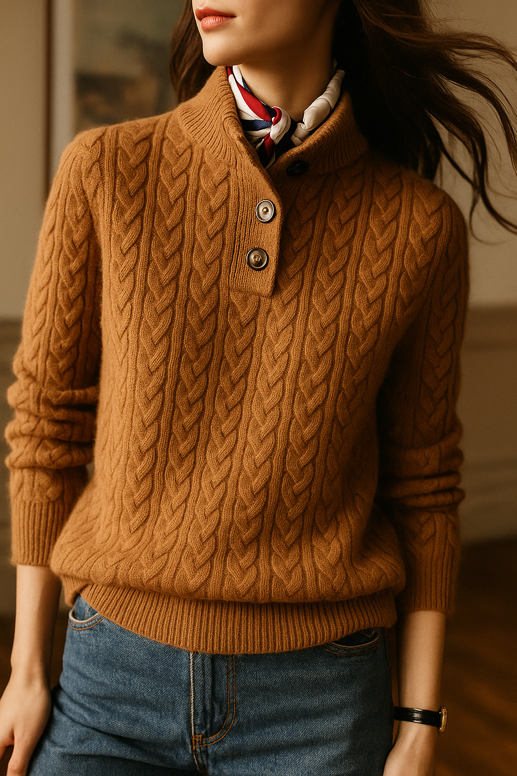 Arden Women’s Cable-Knit Cashmere Sweater – Button-Up