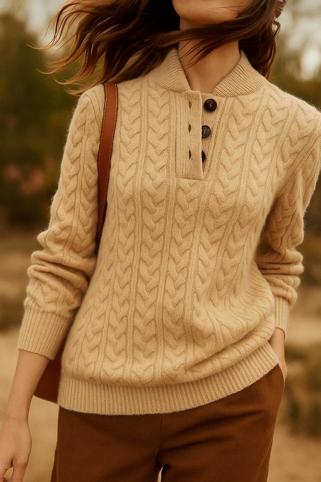 Arden Women’s Cable-Knit Cashmere Sweater – Button-Up