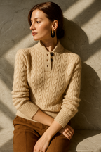Arden Women’s Cable-Knit Cashmere Sweater – Button-Up