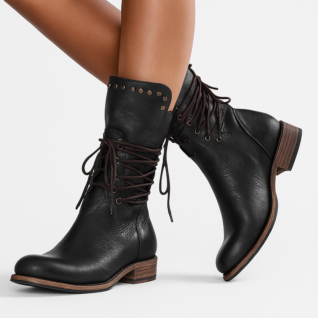 Women's Studded Mid-Calf Boots – Lace-Up