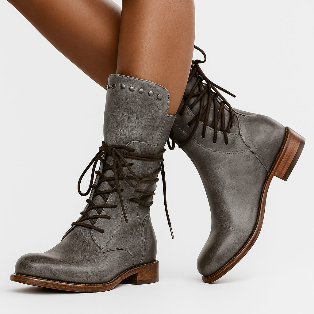 Women's Studded Mid-Calf Boots – Lace-Up
