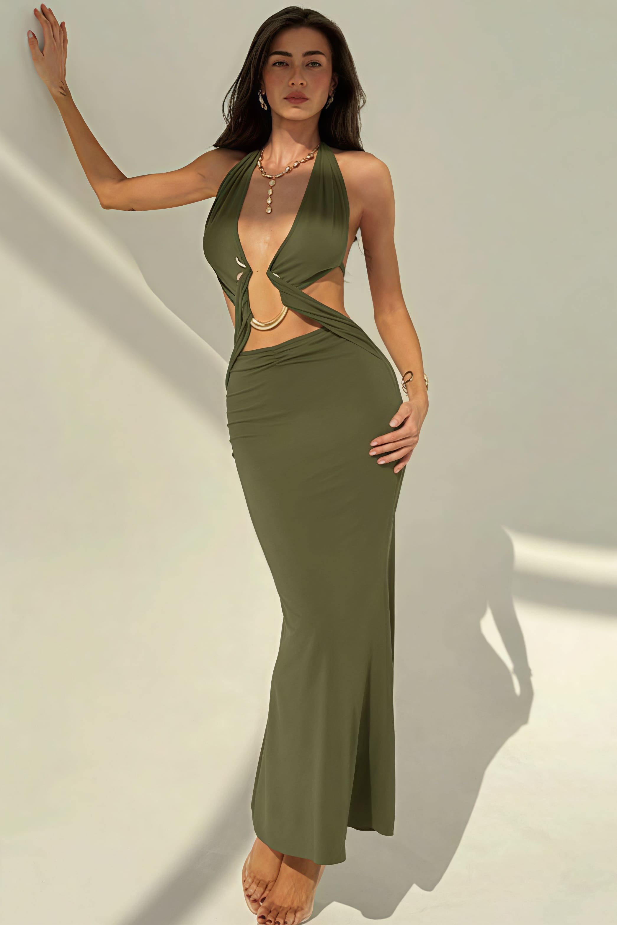 Women's Deep V-Neck Maxi Dress - Backless Bodycon & Metal Detail