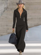 Women's V-Neck Long Sleeve Fall Dress – Front Zipper