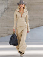 Women's V-Neck Long Sleeve Fall Dress – Front Zipper