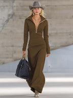 Women's V-Neck Long Sleeve Fall Dress – Front Zipper