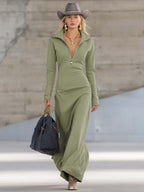 Women's V-Neck Long Sleeve Fall Dress – Front Zipper