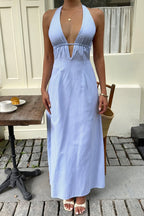 Women's Striped Halter Maxi Dress - Backless Lace-Up Design