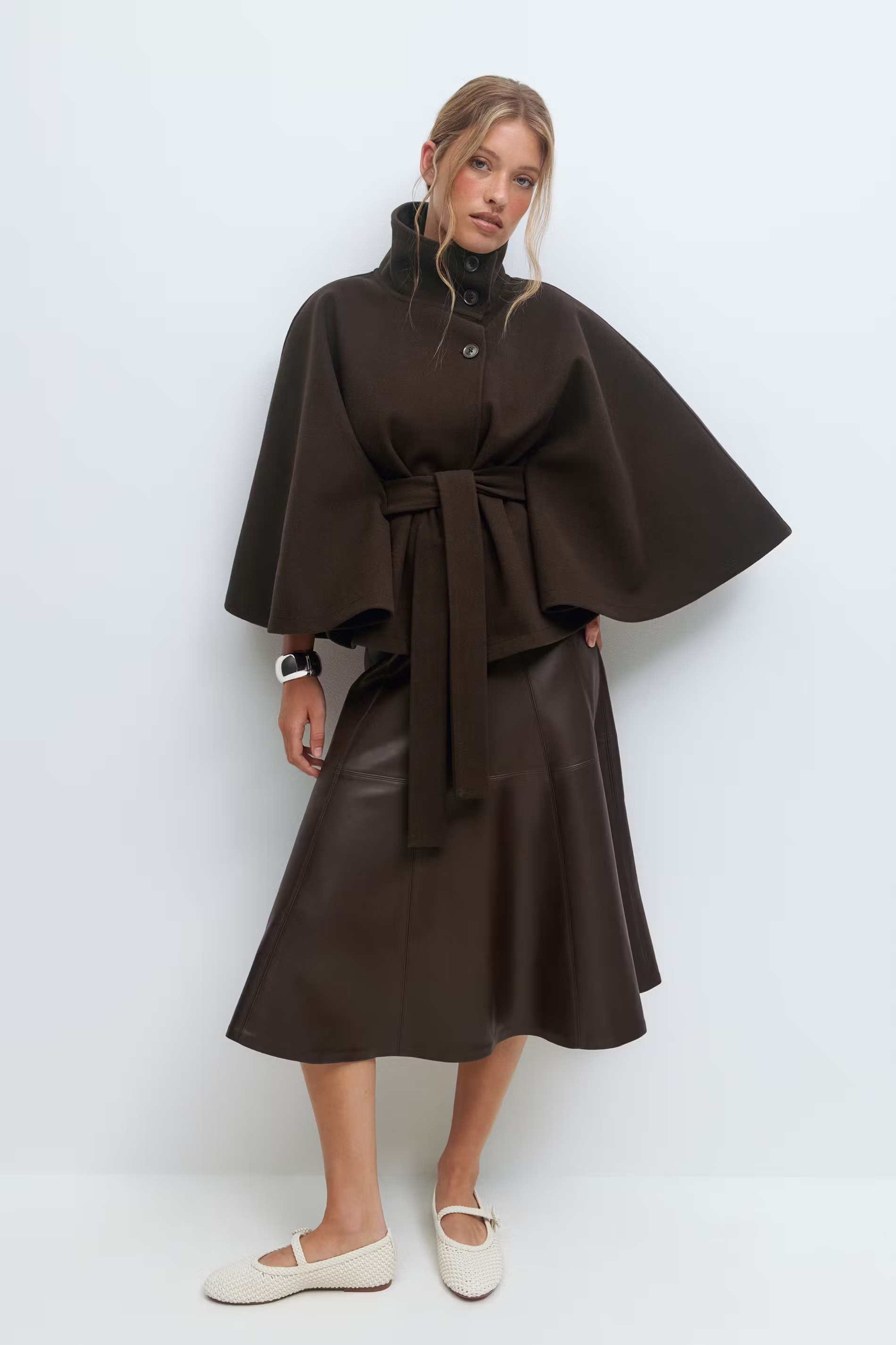 Loreza Women's Cape Coat – Belted High Collar