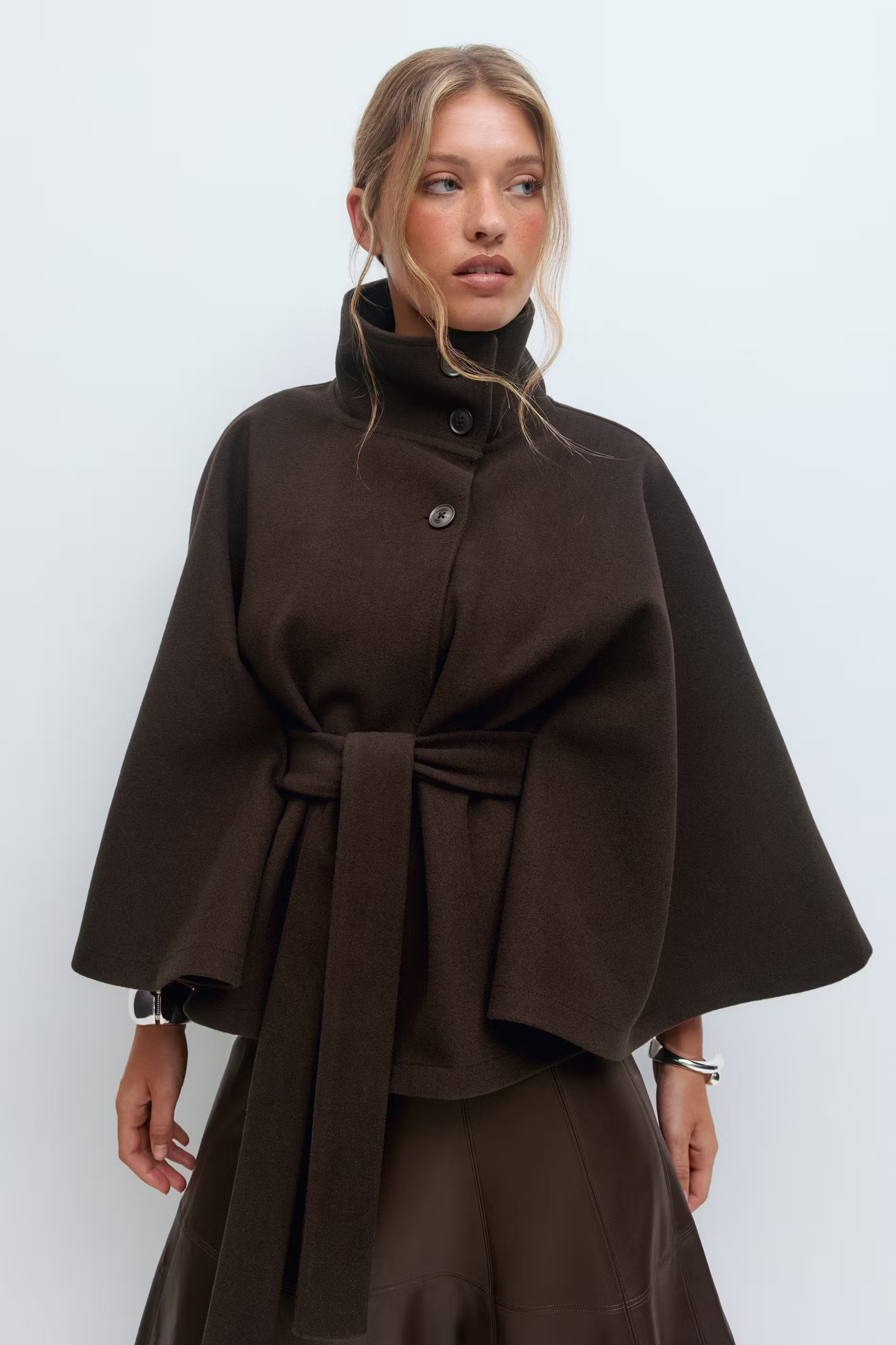 Loreza Women's Cape Coat – Belted High Collar