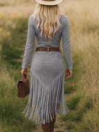 Women's Suede Long Sleeve Midi Fall Dress – Lapel Zipper