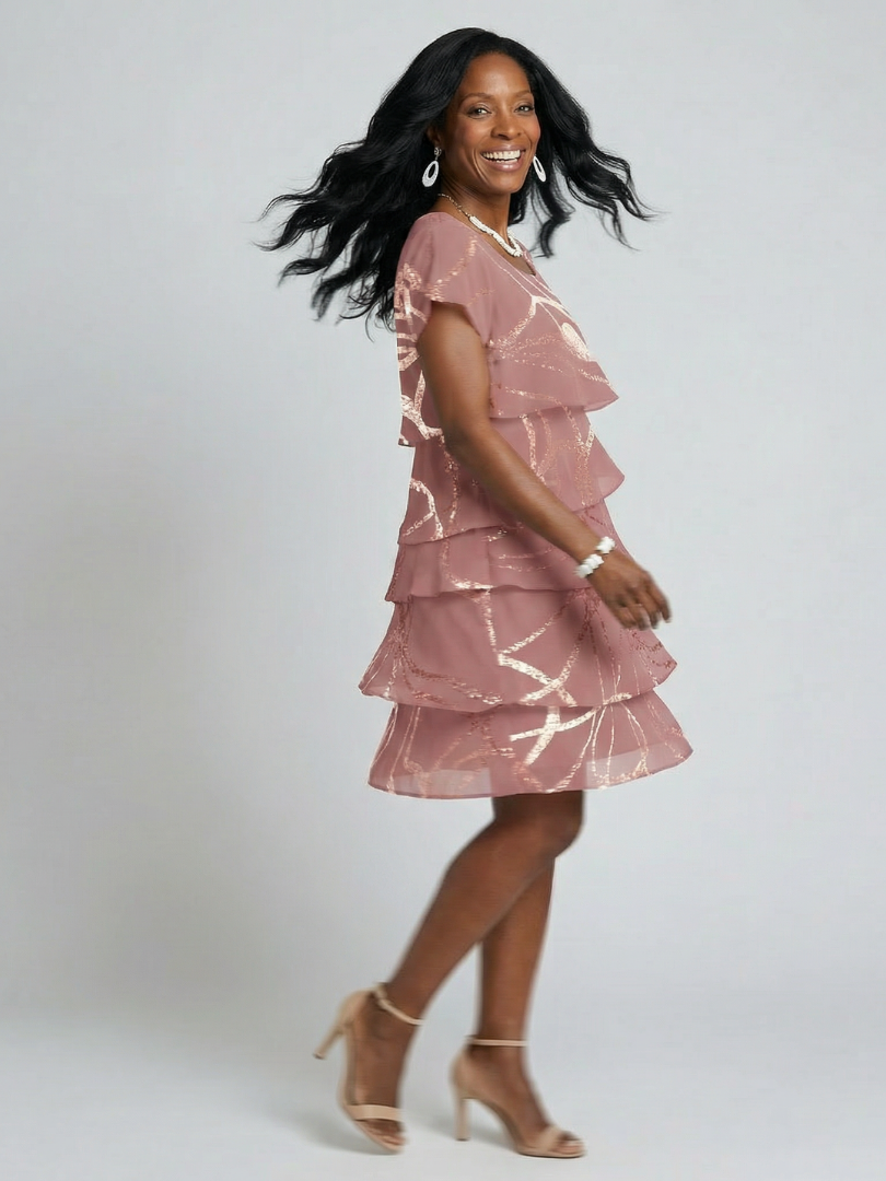 Women's Refined Abstract Knee Length Dress - Poised Tiered Silhouette