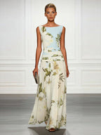 Fresh Sleeveless Party Maxi Dress with Boat Neckline & Print