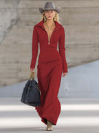 Women's V-Neck Long Sleeve Fall Dress – Front Zipper