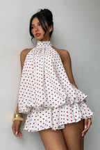 Women's Polka Dot Halter Mini Dress - Backless Lace-Up Flared