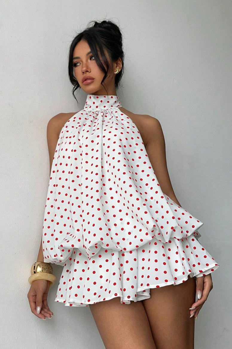 Women's Polka Dot Halter Mini Dress - Backless Lace-Up Flared