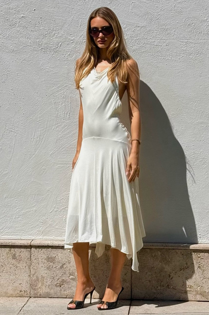 Women's Halter A-Line Maxi Dress - Asymmetrical Flare & Low Waist