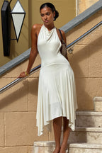 Women's Halter A-Line Maxi Dress - Asymmetrical Flare & Low Waist