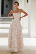 Women's Tiered Long Sleeve Maxi Dress - Crochet Lace Trim & Ruffle Hem