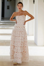 Women's Tiered Long Sleeve Maxi Dress - Crochet Lace Trim & Ruffle Hem