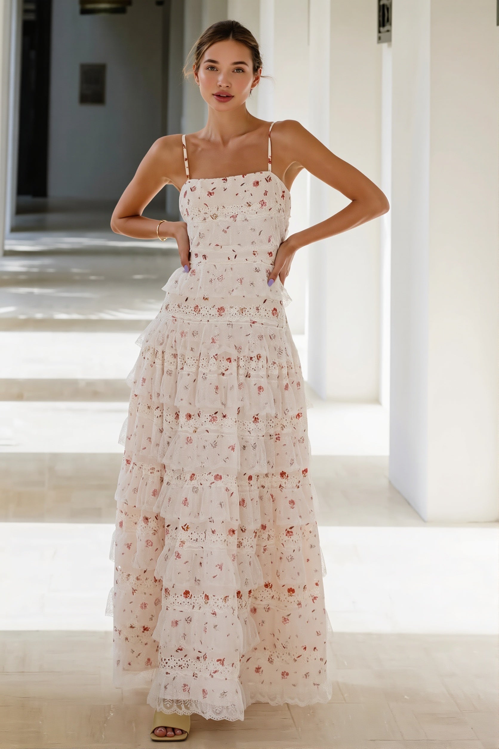 Women's Tiered Long Sleeve Maxi Dress - Crochet Lace Trim & Ruffle Hem
